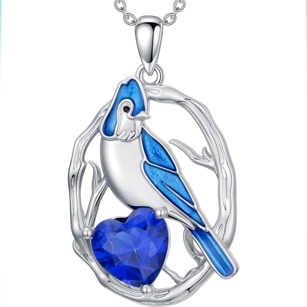 925 Silver Necklace Blue Bird and Heart Pendant